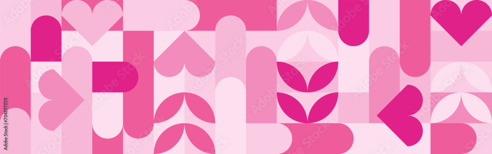 Seamless pink background for Mother's Day card template. Trendy geometric shapes with circles, squares and hearts in retro style for a Valentine's Day or wedding day cover. Seamless pink background for Mother's Day card template. Trendy geometric shapes with circles, squares and hearts in retro style for a Valentine's Day or wedding day cover.