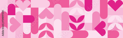 Seamless pink background for Mother's Day card template. Trendy geometric shapes with circles, squares and hearts in retro style for a Valentine's Day or wedding day cover.