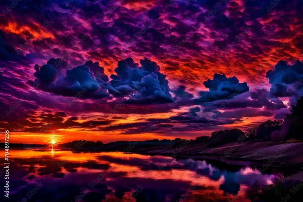 Fiery orange clouds blending into deep purples and blues, capturing the essence of a surreal, otherworldly sunset.