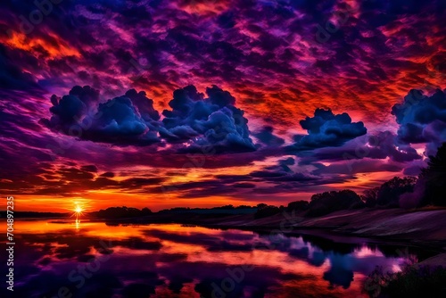 Fiery orange clouds blending into deep purples and blues  capturing the essence of a surreal  otherworldly sunset.