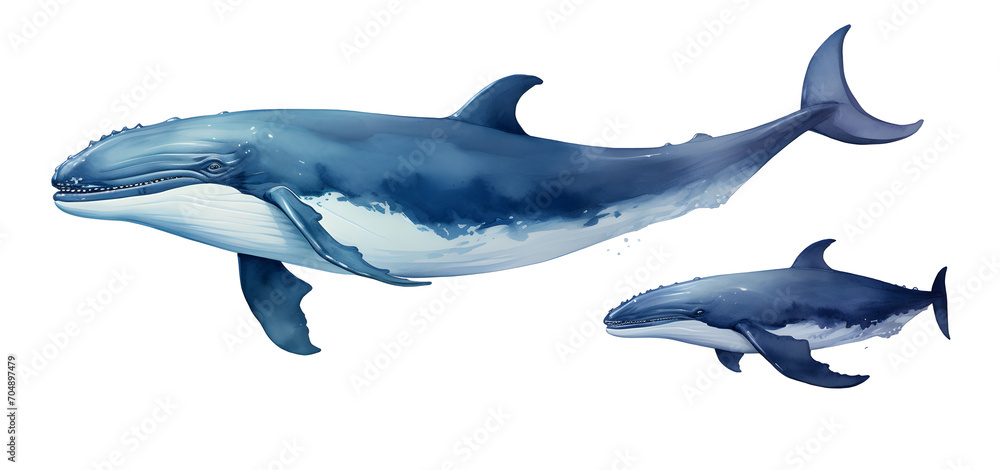 Fototapeta premium Watercolor blue whales illustration isolated on white background