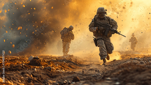 A military man performs a dangerous mission. Explosions and war in the background. photo
