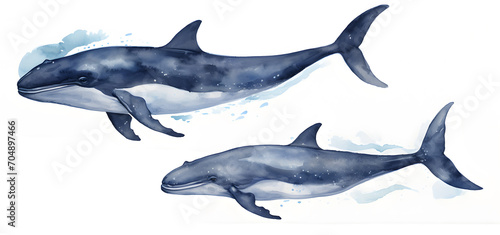 Watercolor blue whales illustration isolated on white background