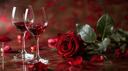 Solo rose and glass with wine