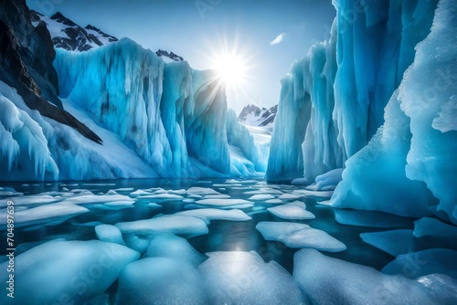 Sunlight filtering through translucent glacier ice, creating a surreal blue glow. © mohsin