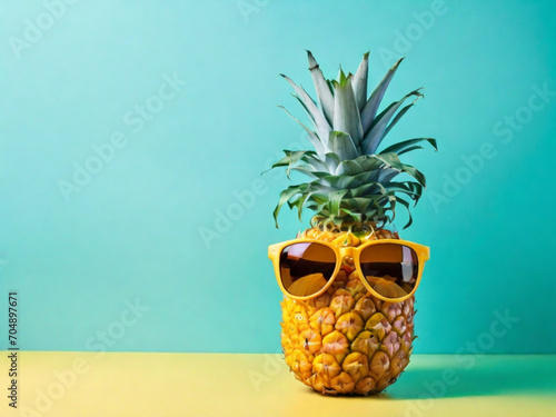  pineapples with sunglasses isolated on yellow background ai image 