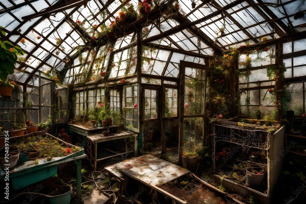 A forgotten, decaying greenhouse filled with tangled vines and broken glass, where once vibrant flowers bloomed in isolation.