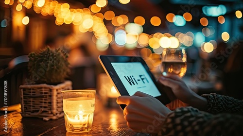 Woman with tablet in restaurant with wi-fi text, with bokeh on background of lights