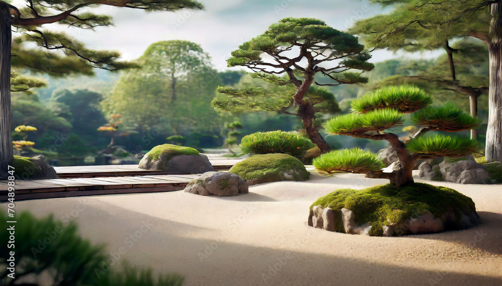 A tranquil Japanese garden with bonsai trees 