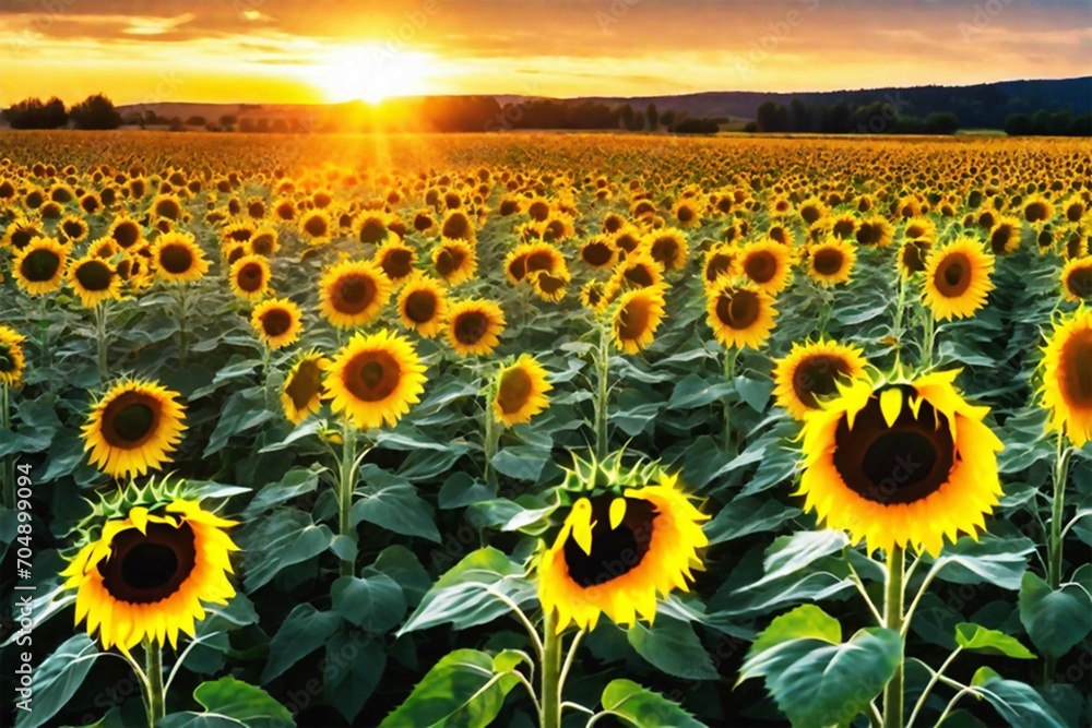 Obraz premium A beautiful field of yellow blooming sunflowers against a sunset background.A beautiful field of yellow blooming sunflowers against a sunset background.