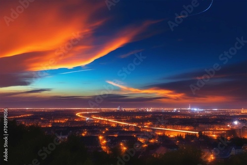 View of the evening city against the background of a beautiful sky at sunset. Beautiful cityscape of night lights of houses.