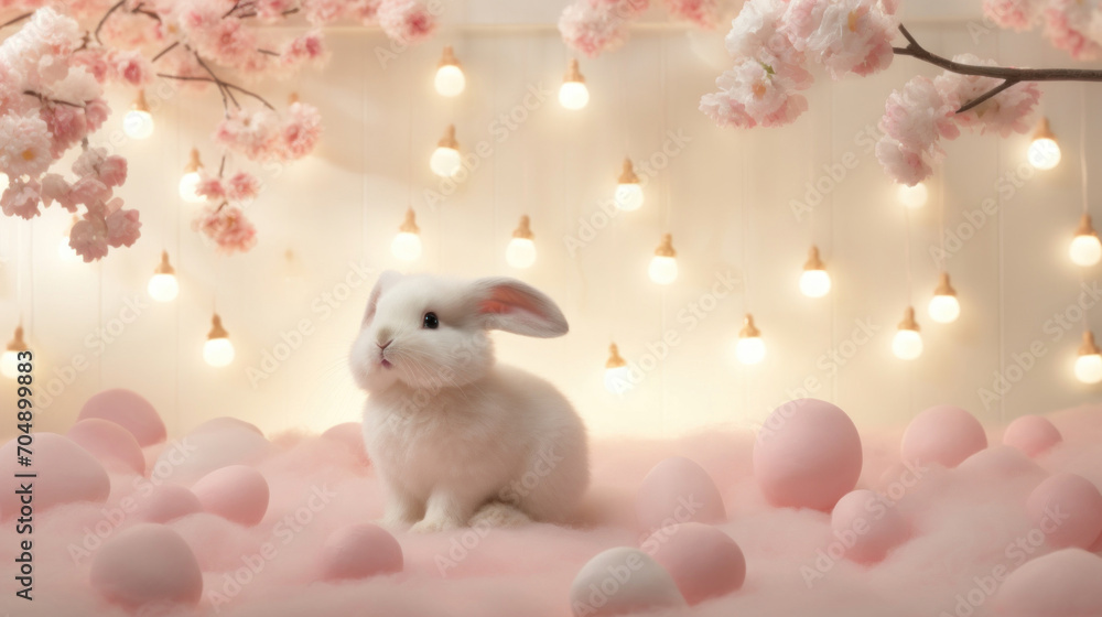 An adorable white bunny sits surrounded by soft pink Easter eggs and cherry blossoms with a warm light backdrop, evoking a cozy spring atmosphere.
