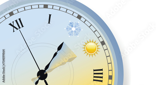 The hands of the clock on the dial indicate the transition from winter to summer time, one hour in front. Copy space.