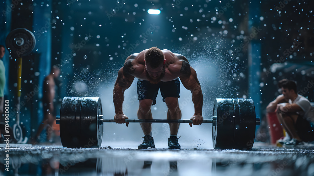 Dynamic stance, a male weightlifter, lifting heavy barbell, muscles flexed, chalk dust in the air