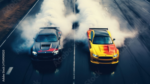 Aerial top view two car drift battle on asphalt race track, Automobile and automotive car view from above