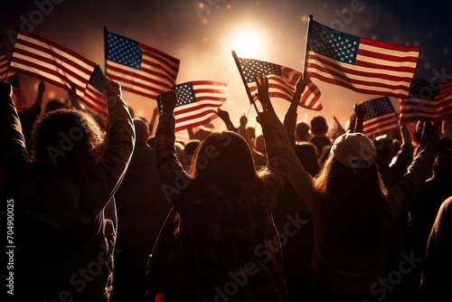 group of people waving american flags in back lit photo