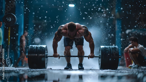 Dynamic stance, a male weightlifter, lifting heavy barbell, muscles flexed, chalk dust in the air