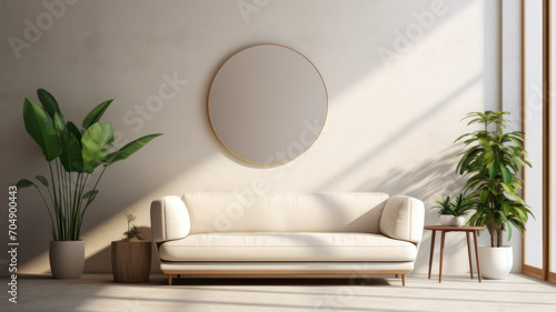 Interior of light living room with comfortable sofa  houseplants and mirror near light wall