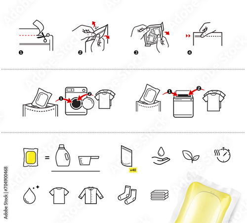 Laundry gel capsule pod for washing machine with set icons. Vector illustration isolated on white background. Ready for your design. EPS10.	
