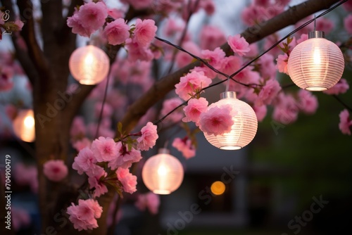 Festival Ambiance: Lanterns and bokeh lights fill the air with a festive glow, as the garden transforms into a lively space. Cherry blossoms flutter in the breeze, creating a magical atmosphere.