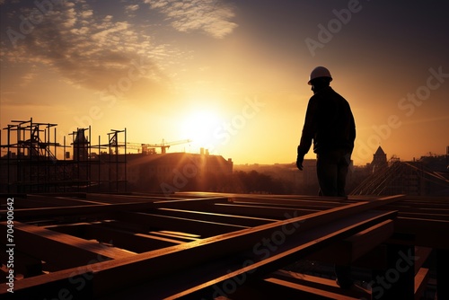Construction worker silhouette in safety gear on site at beautiful sunset