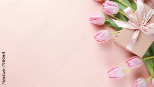 Top view photo of trendy gift boxes with ribbon bows and tulips on isolated pastel pink background with copyspace © wiparat