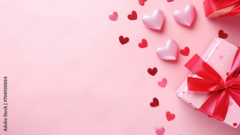 Top view photo of trendy gift boxes with ribbon bows and red rose on isolated pastel color background Top view photo of trendy gift boxes with ribbon bows and red rose on isolated pastel color background