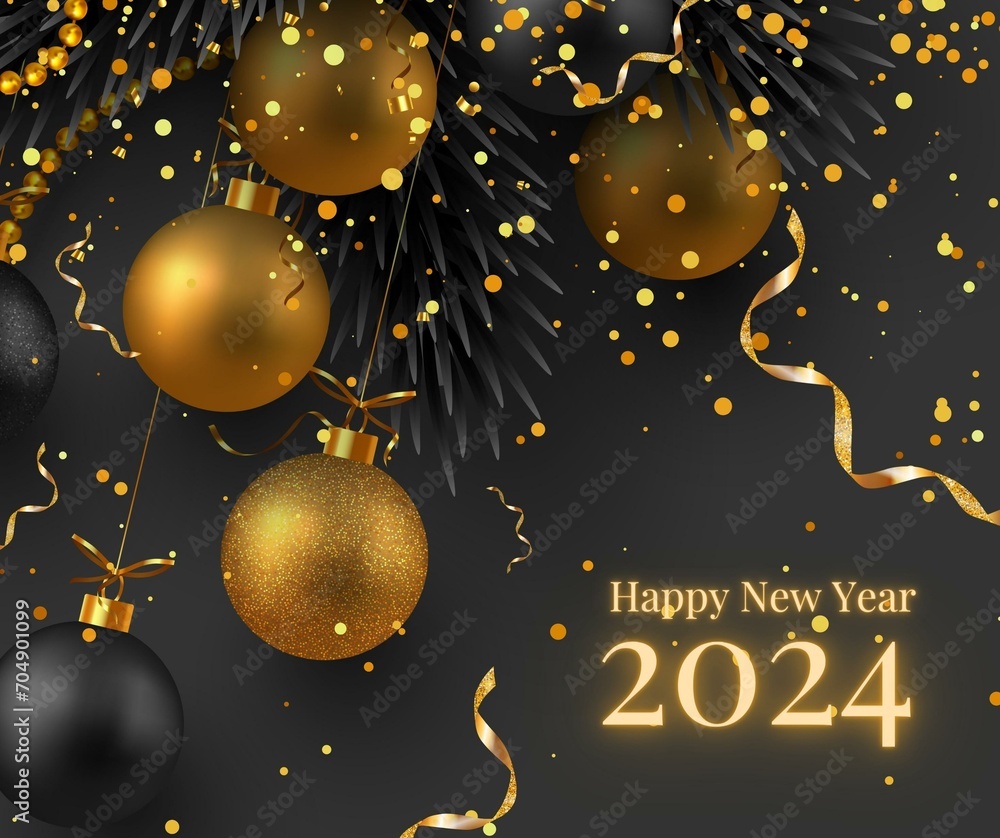 Naklejka premium 2024 New Year number. Golden digits and confetti over blue background.