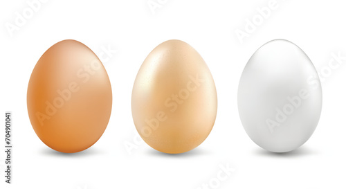 Natural white and brown eggs for Easter, a set of three multi-colored eggs isolated on a white background. Pattern for ornament. copy space.