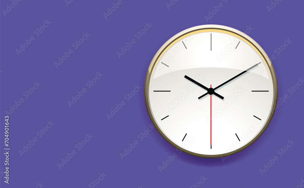 Stylish round clock in a metal frame with black hands and a white dial on the wall. In trendy color. copy space. Stylish round clock in a metal frame with black hands and a white dial on the wall. In trendy color. copy space.
