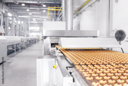 Conveyor line for production cookies at confectionery factory. Modern plant for biscuit.