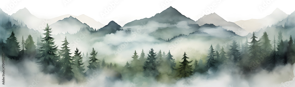 Hand drawn watercolor green mountain landscape