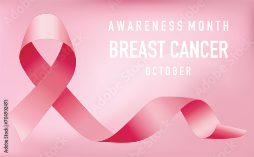 The pink ribbon, as a symbol of breast cancer awareness, is celebrated annually in October. Banner, poster.