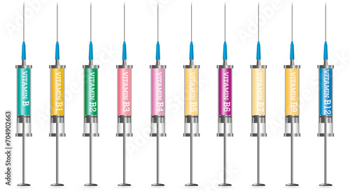Serum collagen vitamin in a syringe and saline, Injection of vitamin drip therapy for health and skin. Medical aesthetic concept. Syringe set. Isolated on white background 3D vector illustration.