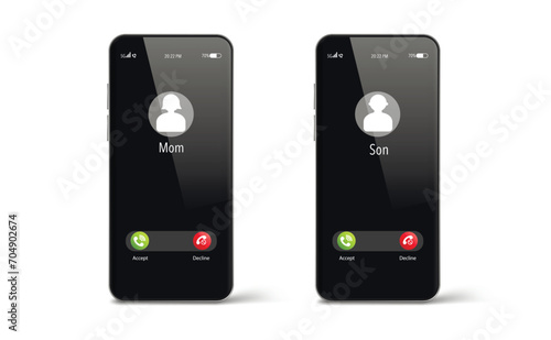 Incoming call on smartphone screen. Incoming calls from mother and son. Flat design vector illustration. Modern concept for web banners, websites. Call service.