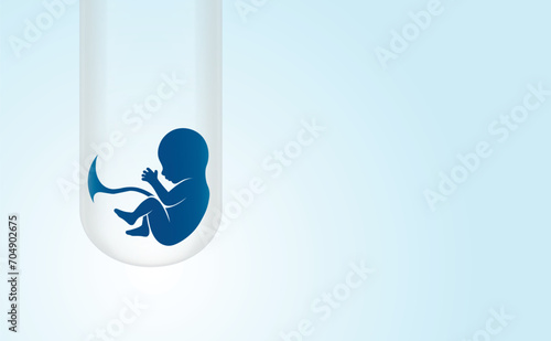 Test tube baby, IVF. Little newborn in a glass tube. Planning pregnancy by artificial insemination. The concept of in vitro fertilization. Medical background. copy space.