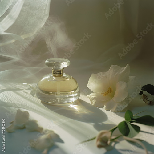 Bottle of perfume with white flower, minimal concept background photo