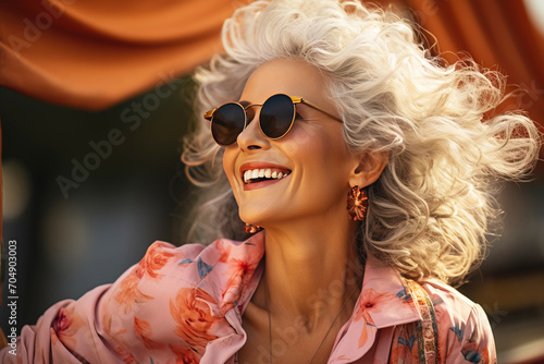 Portrait of beautiful smiling mature woman with long gray hair wearing sunglasses. Happy old age, relaxation, summer vacation, healthy lifestyle