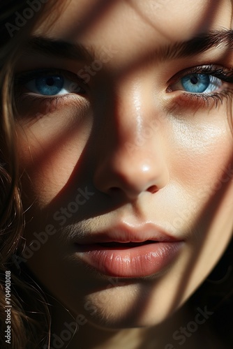 Portrait of a young woman with blue eyes and dark hair