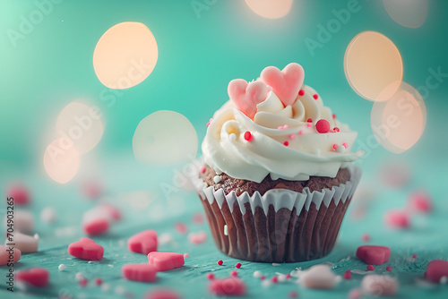 Cupcake with white cream, with candy hearts on blue background
