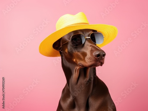 portrait photo of anthropomorphic fashion Doberman Pinscher Dog dressed for summer vacation