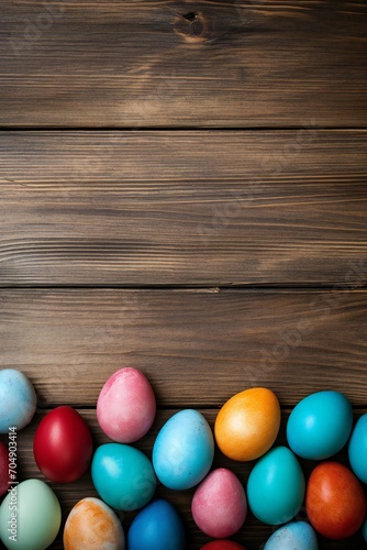 Wallpaper Mural Colorful easter eggs on wood plank top desk background, above view Generative AI Torontodigital.ca