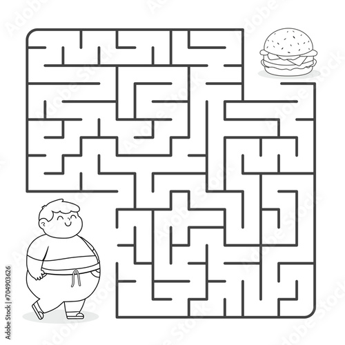 Maze game for kids. A cartoon fat boy is trying to get to a sandwich through a maze. Funny puzzle game for kids. Coloring book