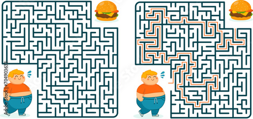 Maze game for kids. A cartoon fat boy is trying to get to a sandwich through a maze. Funny puzzle game for kids