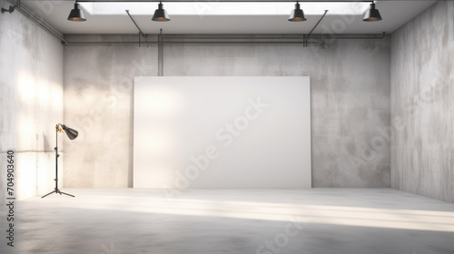 Professional photography studio with white backdrop and overhead lighting photo