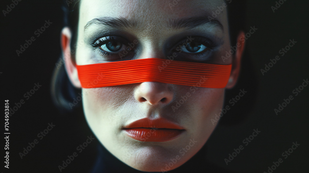 Close-up portrait of a beautiful young woman with red blindfold Close-up portrait of a beautiful young woman with red blindfold