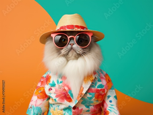 portrait photo of anthropomorphic fashion Persian Cat dressed for summer vacation