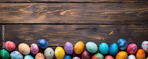 Colorful easter eggs on wood plank top desk background, above view Generative AI