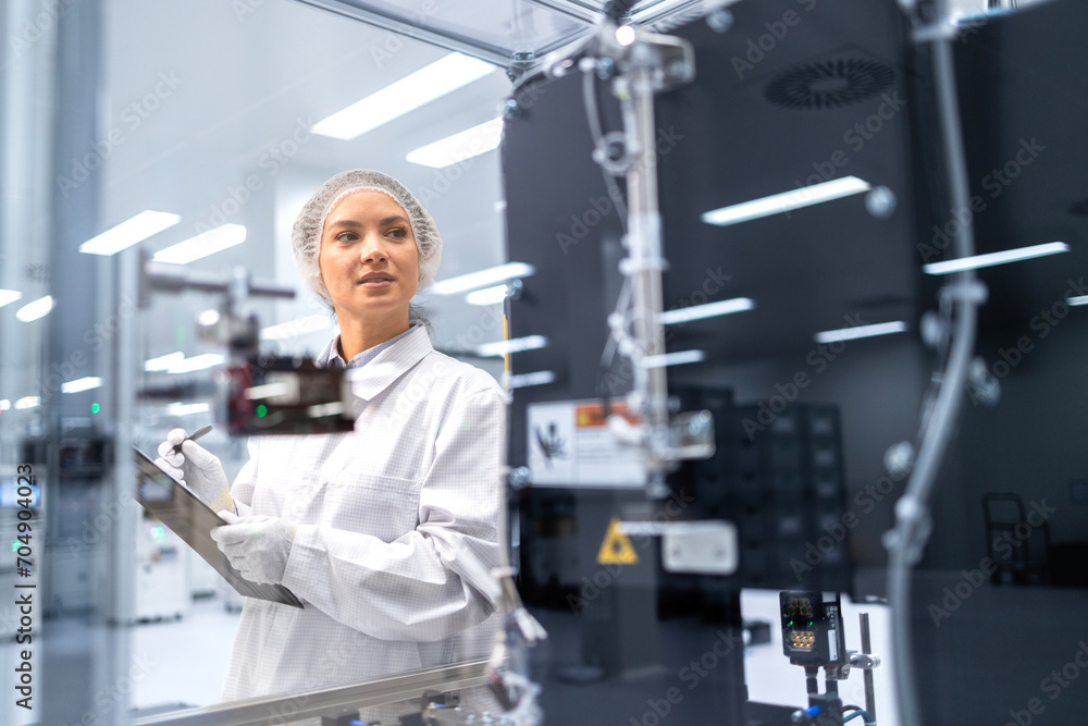 Female factory engineer inspecting process of automated robotic production. Female factory engineer inspecting process of automated robotic production.