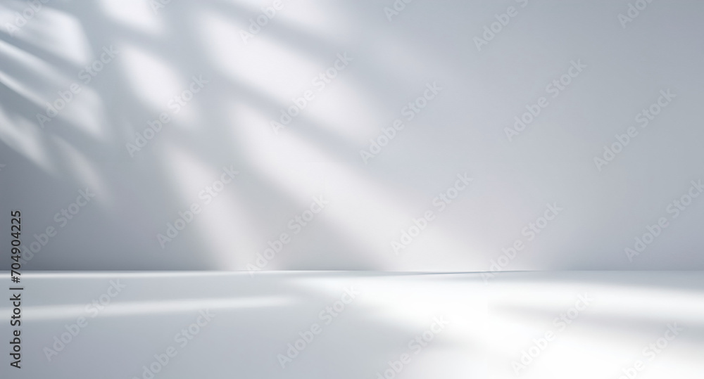 Minimalistic abstract light gray background for product presentation with light and intricate shadow from window on wall. - obrazy, fototapety, plakaty 